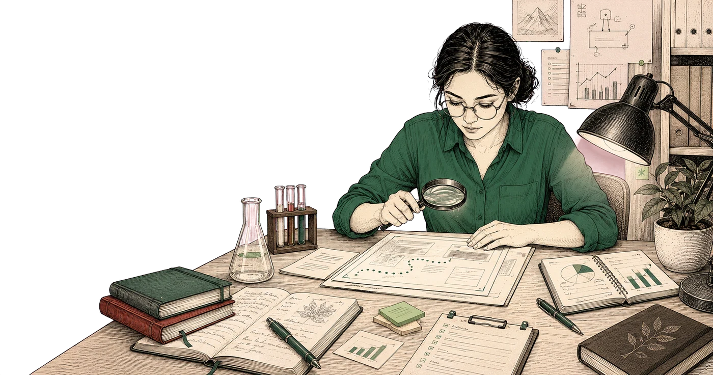A researcher studies a buyer-insight report through a magnifying glass at a lamp-lit desk, surrounded by notebooks, charts, and lab flasks.