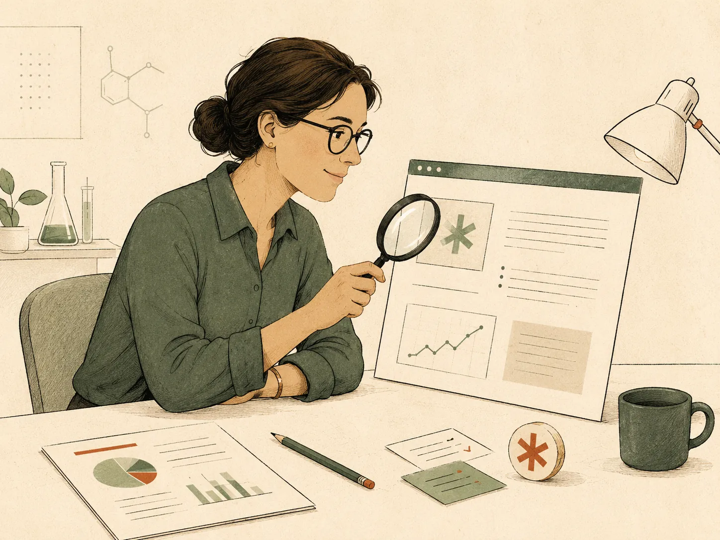 A researcher reads a web page through a magnifying glass at her desk, an asterisk mark flagged on the page.