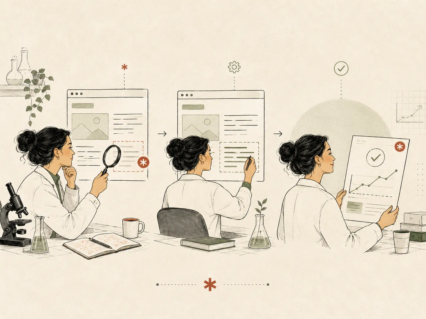 Three-panel illustration of the loop: a researcher examines a page under a magnifying glass, refines the flagged section, then holds up a verified report with an upward trend.