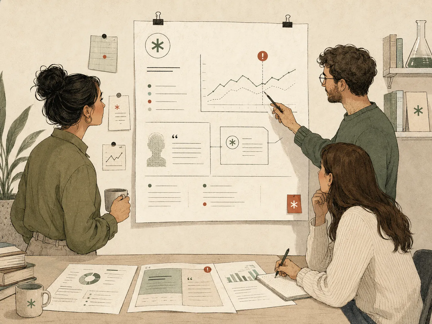 Three colleagues review a large findings sheet pinned to the wall — a persona profile, a trend line with a flagged moment, and annotated notes.