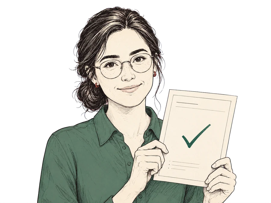A researcher holding up a report marked with a green check — a clean pass.