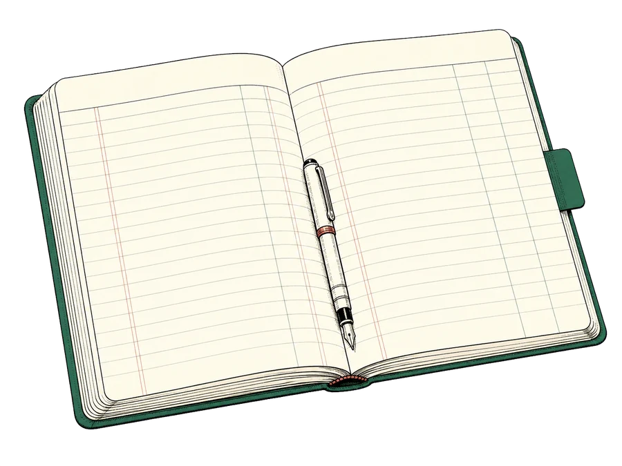 An open ledger recording findings, a pen resting in the gutter.