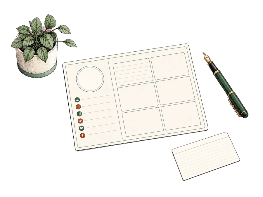 A buyer-persona card on a desk beside a pen and index card.